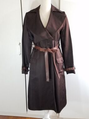 Women’s Brown Trench Coat with Tie Belt  100% Silk And Leather Belt